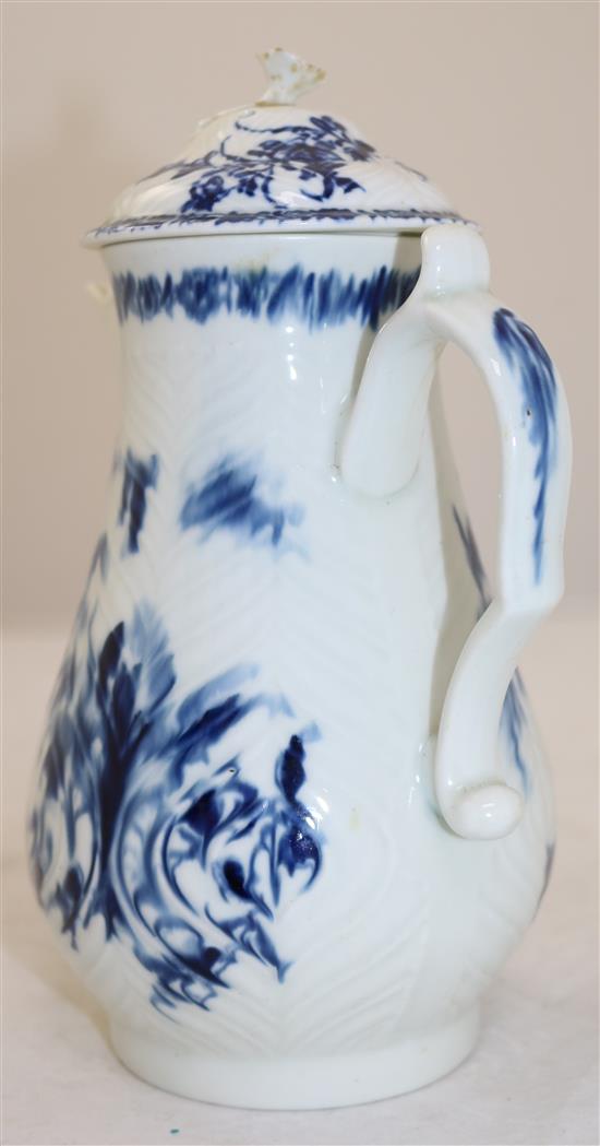 A Worcester feather moulded blue and white coffee pot, c.1760, 22cm, associated cover with re-glued finial